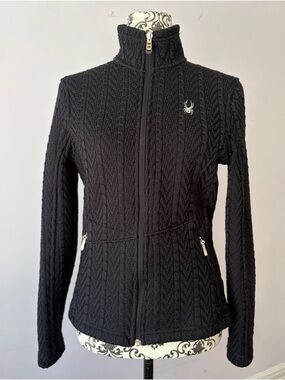 Spyder Black Cable Knit Full-Zip Jacket With Zip Pockets and High Collar Size M